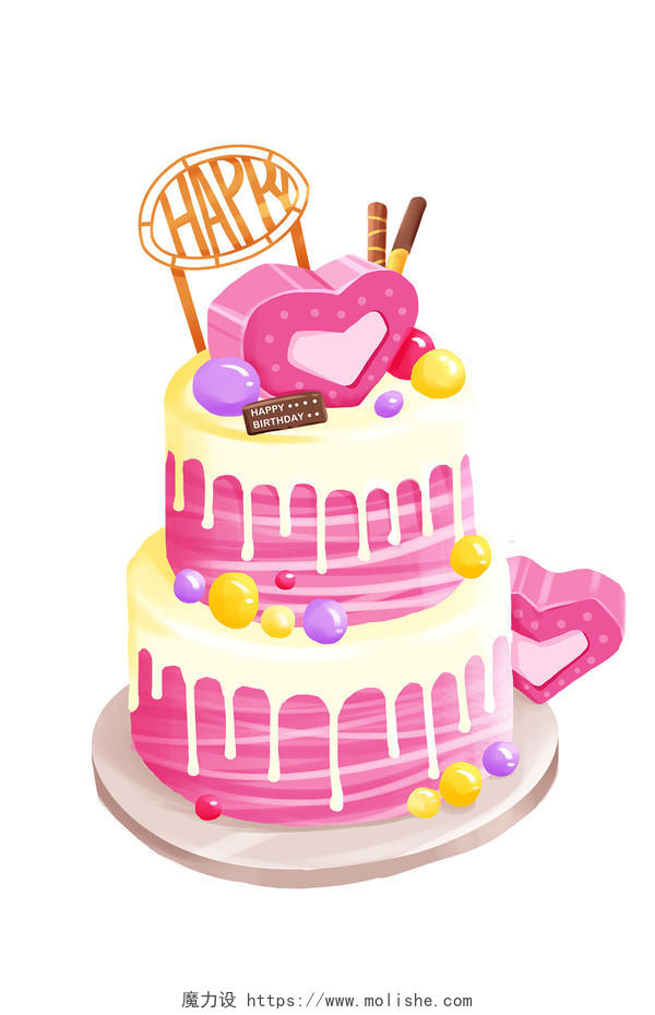 卡通可爱粉色生日蛋糕手绘插画素材